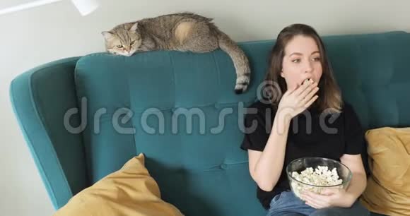 女人正在吃爆米花坐在家里的沙发上看电视前景视频的预览图