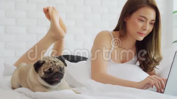女人打字在笔记本电脑上工作狗狗品种躺在床上看着屏幕视频的预览图