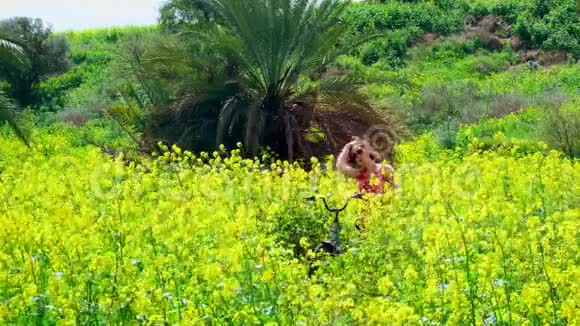 一片美丽的田野高大的植物和黄色的花朵还有一个带自行车的年轻女子视频的预览图