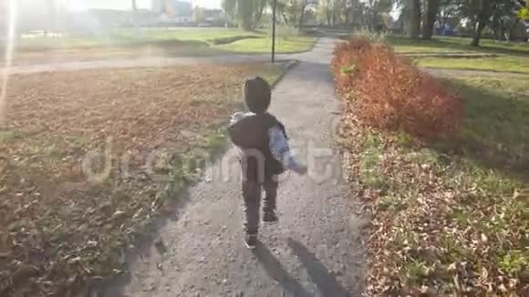 快乐的小男孩在公园里玩秋天视频的预览图