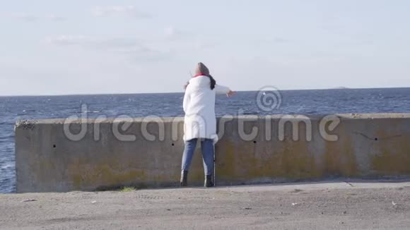 从年轻的白种人深色头发的女人向鸟扔面包的背影看就像站在城市上船一样快乐的女士视频的预览图