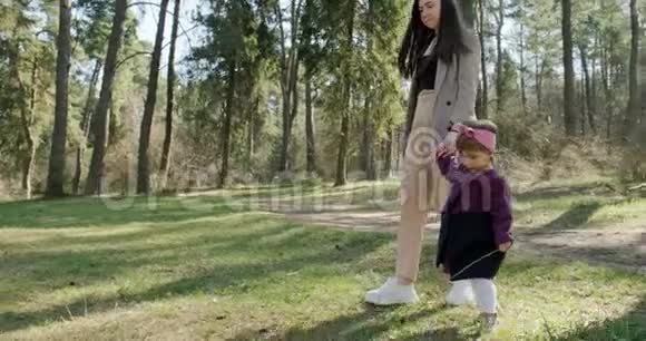 快乐的小女孩在针叶林的树上和妈妈散步玩耍健康儿童家庭娱乐视频的预览图