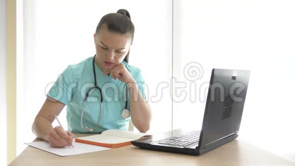 年轻的女医生在工作场所使用电脑视频的预览图