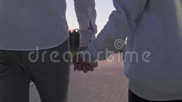 这对年轻可爱的夫妇晚上牵着手在夏季公园散步视频的预览图
