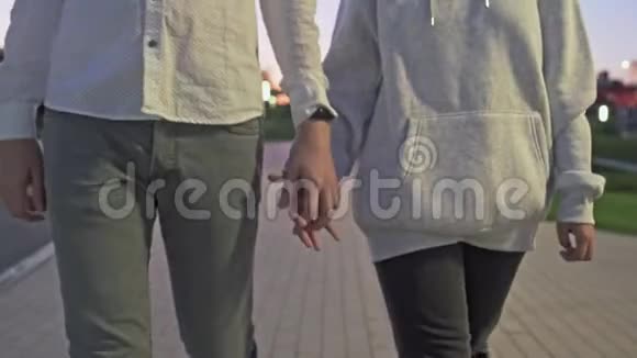 这对年轻可爱的夫妇晚上牵着手在夏季公园散步视频的预览图