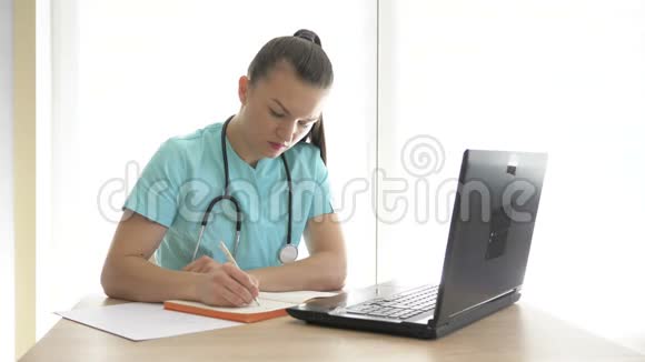 年轻的女医生在工作场所使用电脑视频的预览图