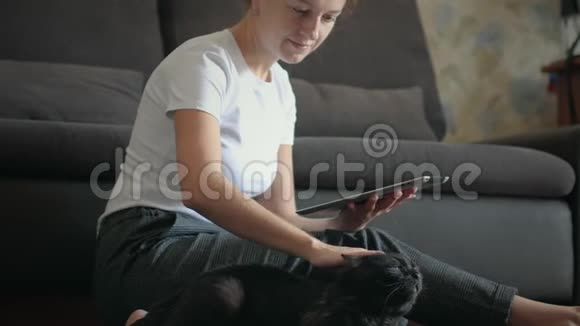 女人用平板电脑抚摸她的猫视频的预览图