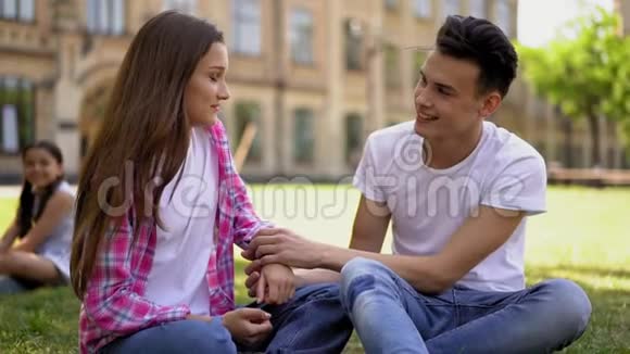 十几岁的情侣和孩子坐在草地上视频的预览图