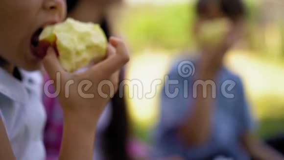 孩子们在户外和妈妈一起吃苹果作为点心视频的预览图