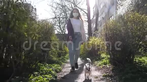 戴着防护面罩的年轻女子独自在户外与一只狗遛着原因是日冕病毒大流行covid19封锁视频的预览图