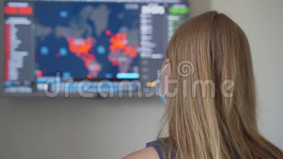 一位戴着医用口罩的年轻女子看着屏幕屏幕上有多少人感染了covid19视频的预览图