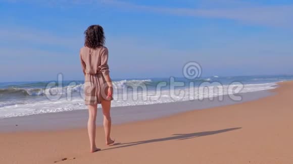 穿着裙子的女人在夏日海滩散步视频的预览图
