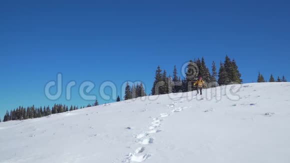 冬天一个背着背包的人在山里旅行视频的预览图