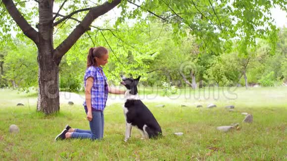 年轻漂亮的女孩在公园里和她的狗玩视频的预览图