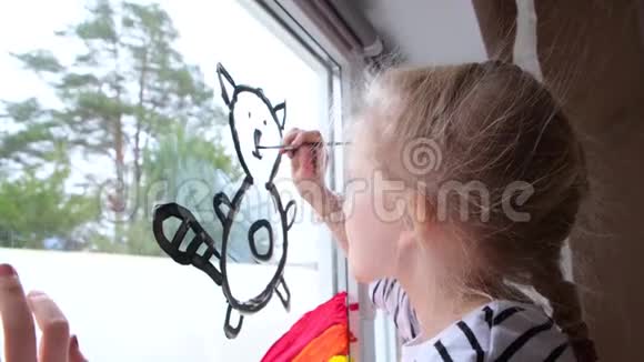 4k女孩在家里的Covid19隔离期间在窗户上画彩虹和猫呆在家里孩子们的家庭观念追逐视频的预览图