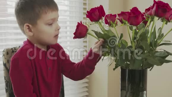 小快乐的孩子嗅着鼻子享受着桌子上花瓶里的红玫瑰男孩微笑着闻花香视频的预览图