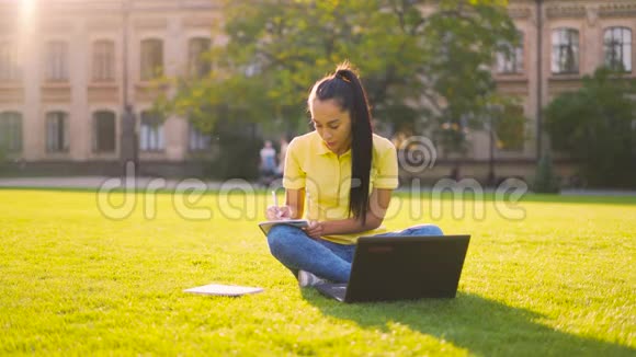 远程学习有目的的学生坐在公园里不停地学习4K视频的预览图