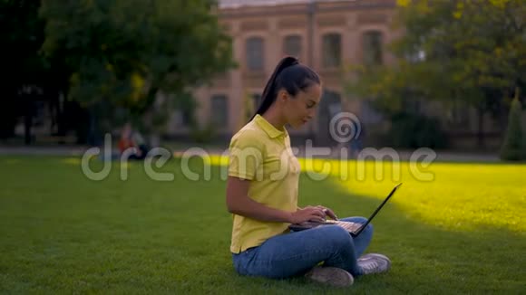 为自己工作坐在公园里用笔记本电脑工作的女孩视频的预览图
