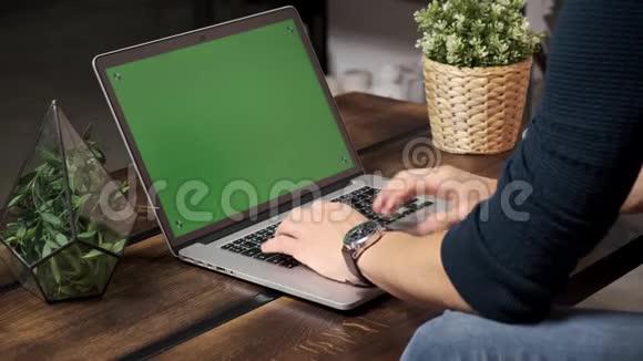 桌上的人正在绿色笔记本电脑屏幕上浏览互联网在一个光线充足舒适的公寓里一个人在工作视频的预览图