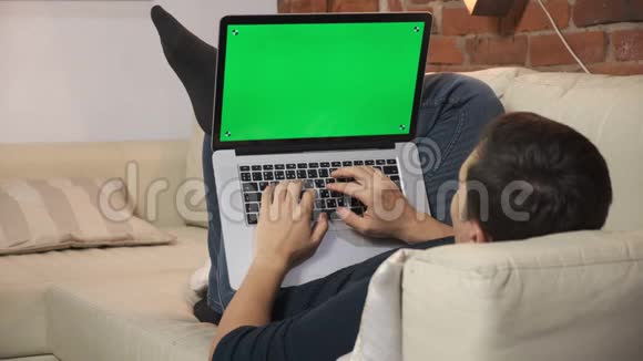 桌上的人正在绿色笔记本电脑屏幕上浏览互联网在一个光线充足舒适的公寓里一个人在工作视频的预览图