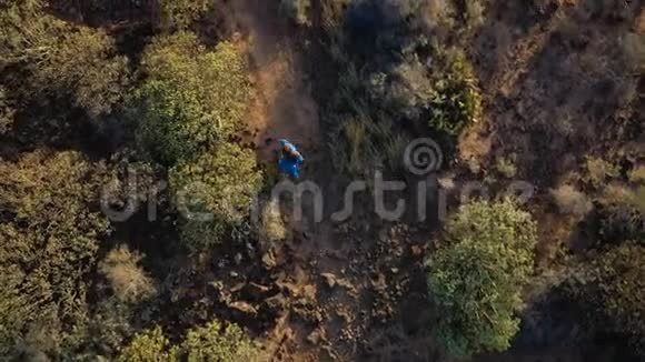 在自然保护区漫步的美丽的蓝色连衣裙的女性的俯视图西班牙加那利群岛特内里费视频的预览图