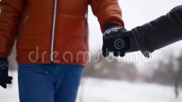 亲密的情侣在雪地上的公园里牵手散步男人跟着他的伴侣享受雪视频的预览图