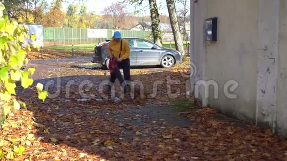园艺师用吹叶机清洗彩色秋叶视频的预览图