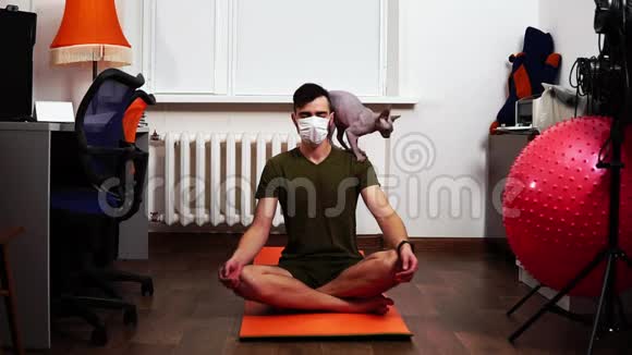 戴着医疗面具的人坐在地上和猫一起冥想视频的预览图