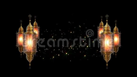 斋月阿拉伯金色灯笼黑色背景与粒子3D动画加载视频的预览图