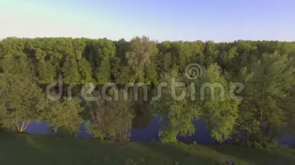 以河流和绿茵场的优美景观鸟瞰视频的预览图