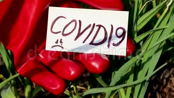 红色手套手中的白色卡片上的Covid19字视频的预览图