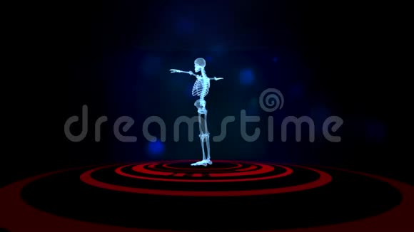 3D人类骨架打开虚拟投影的红色Hud替罪羊在黑色背景上蓝色的bokeh流动起来视频的预览图