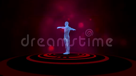 3D人类化身打开虚拟投影的红色Hud替罪羊在黑色背景上红色的bokeh流动起来视频的预览图