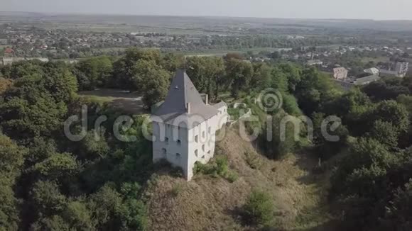 在阳光明媚的日子里在山上俯瞰被毁的中世纪哈里奇城堡乌克兰哈里奇视频的预览图