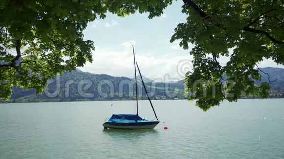 从树叶到特格恩湖帆船巴伐利亚山的风景如画视频的预览图