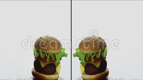 雄性手在新鲜多汁的汉堡上伸出拇指快餐高热量食品视频的预览图