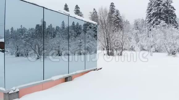 冬季在针叶林附近用镜面透明的墙壁俯瞰创新高科技住宅视频的预览图