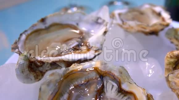 冰面上的白色盘子上的新鲜牡蛎视频的预览图