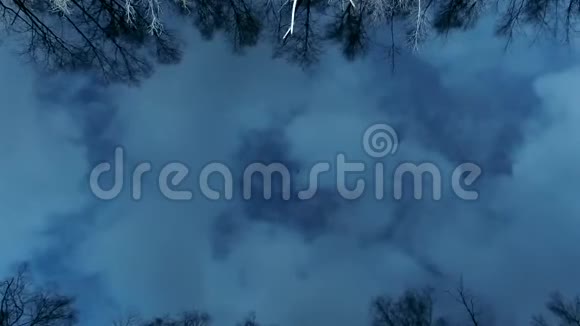 日落时在森林湖的碧水中鸟瞰天空的云彩视频的预览图