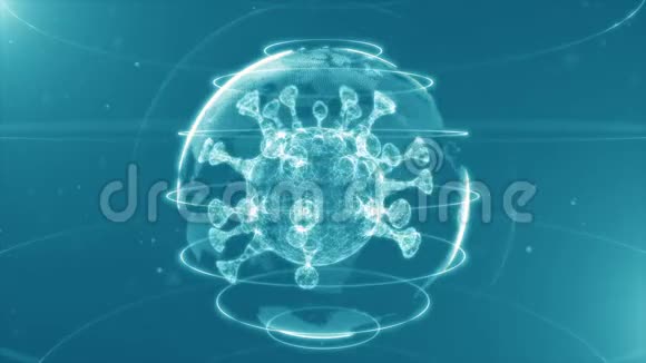 全球流行病保健媒体和信息网络发光病毒模型漂浮在数字蓝色背景上视频的预览图