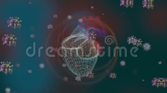 图像离焦背景与抽象心脏模型之间的大流行病毒细胞飞来飞去视频的预览图