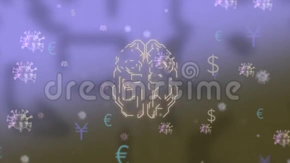 数字动画的hud风格的人脑与美元欧元和日元图标浮动在感染病毒的环境视频的预览图