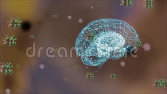 疾病在大脑中传播三维动画的大脑周围的病毒漂浮在模糊的背景上视频的预览图