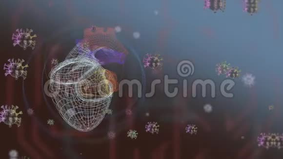 图像离焦背景与抽象心脏模型之间的大流行病毒细胞飞来飞去视频的预览图
