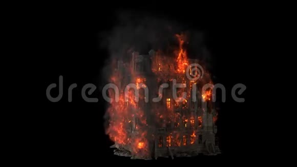 燃烧的建筑旧房子的所有楼层都着火了循环VFX动画与阿尔法通道视频的预览图