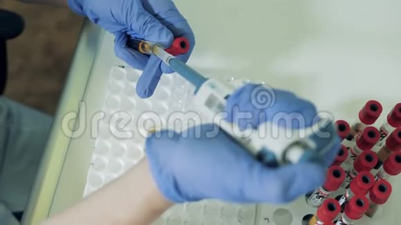生物液体正在倒入试管中冠状病毒covid19实验室检测视频的预览图