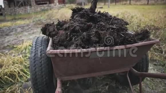 一个农民把一堆粪肥放在手推车里自然肥料视频的预览图