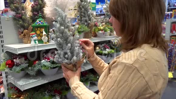 成熟的白种人妇女在购物中心选择小型人造圣诞树视频的预览图