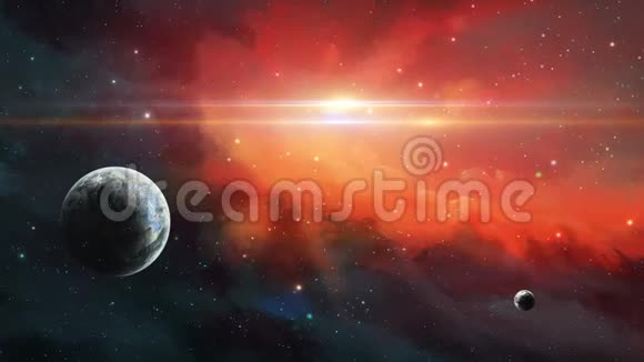 太空场景两颗带有红色星云的行星美国宇航局提供的元素3D绘制视频的预览图
