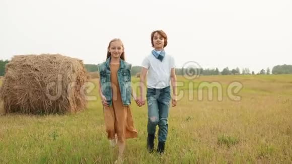 十几岁的夫妇在干草堆背景下漫步在农村的田野上快乐的青少年女孩和男孩牵着手继续走视频的预览图